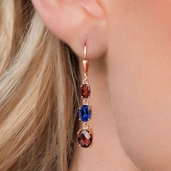 18K Rose Gold with 6.21Cttw 3 Stone Garnet and Royal Blue Sapphire Drop Earrings